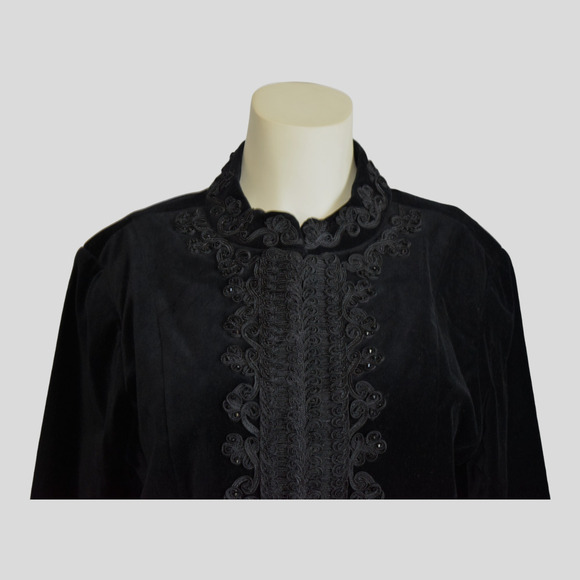 Ribbon Embellished Velvet Jacket Size M Embroidered Layer Festive Black Reba - Picture 3 of 10